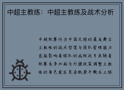 中超主教练：中超主教练及战术分析